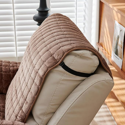 Quilted Recliner Chair Covers, Plush Non Slip Chair Slipcover Soft Washable Couch Cover Furniture Protector with Elastic Straps and Pocket for Kids, Dogs, Pets (Curry, 1 Seater)