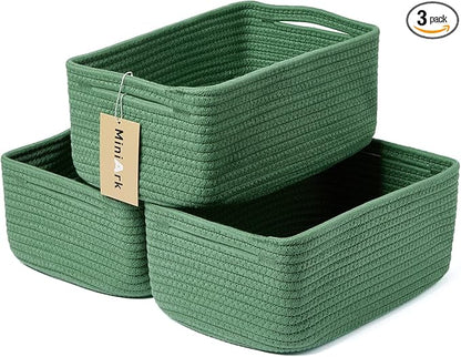 MiniArk Small Storage Baskets for Organizing | Closet Organizer Bins | Shelf Toy Basket | Woven Rope Baskets | Cube Decorative Box | Shallow Basket | 13x8.5x5.1” | 3 Packs Green