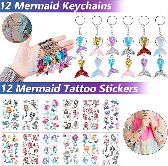 Golray Mermaid Party Favors Birthday Supplies Girls, Necklace Silicone Bracelet Gift Bag Sticker Keychain Ring Hairpin, Pinata Filler Goody Bag Stuffer Classroom Prize Kids Little Mermaid Party Decor