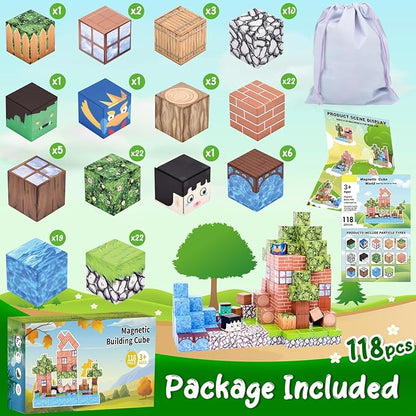 Ludmila 118PCS Magnetic Building Blocks Toy Set - Montessori STEM Toys, Forest House Construction Kit, 1-Inch Magnetic Cube Sensory Tiles for Kids Boys & Girls Ages 3+