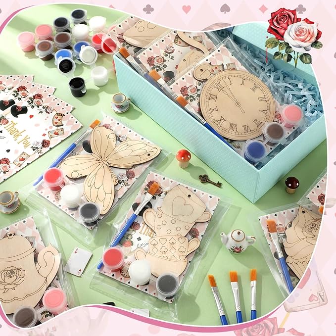 Saypacck 24 Pcs Wonderland Party Favors Wooden Painting Craft Kits Birthday Party Supplies with Organza Bag for Goodie Bags Fillers Adult Thank You Gifts