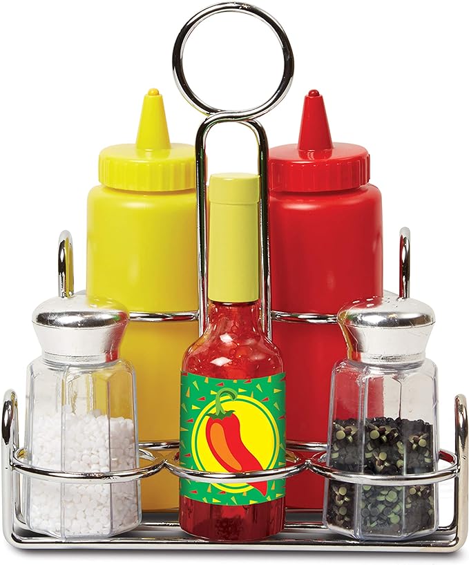 Melissa & Doug Condiments Set (6 pcs) - Play Food, Stainless Steel Caddy