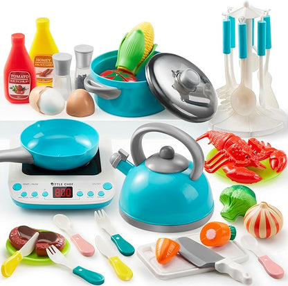 JOYIN Toy Food Set for Kids Kitchen, Pretend Play for Toddlers 1-3, Play Kitchen Appliances with Pots, Pans, Induction Cooker, Cutting Vegetables, Fake Food, Gift for Boys and Girls, Cooking Toy Set