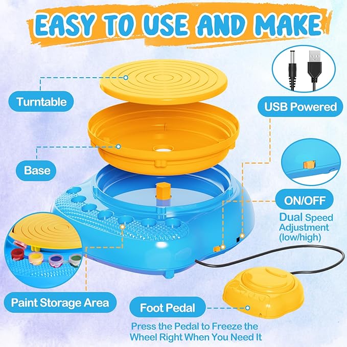 Arts and Crafts for Kids Ages 8-12, Pottery Wheel for Kids, Complete DIY Clay Wheel Pottery Kit for Beginners, Kid Crafts Toys Gifts for Girl Boys Ages 6 7 8 9 10 11 12 13 Year Old Christmas Birthday
