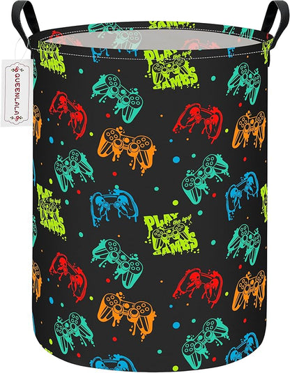 QUEENLALA Large Storage Basket,Laundry Hamper/Bathroom/Home Decor/Collapsible Round Storage Bin,Boys and Girls Hamper/Boxes/Clothing(Round-Black Game)