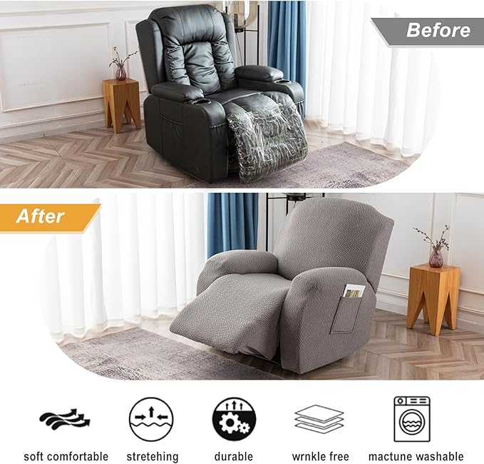 Genina Recliner Chair Covers, Stretch Reclining Chair Covers, Recliner Sofa Slipcovers Stripe Jacquard Lazy Couch Covers Furniture Protector Covers for Pet Kid (Light Grey, 1 Seat)