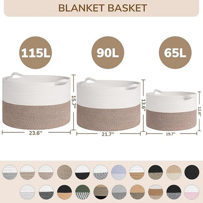INDRESSME 115L Extra Large Cotton Rope Blanket Basket, Woven Storage for Living Room Toy Baskets Kids Baby Laundry Hamper for Dirty Clothes, Pillows, White & Black