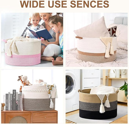 67L Large Blanket Basket, 20"x13" Woven Storage Baskets With Handle, Cotton Rope Blanket Basket Living Room, Baby Laundry hamper for Blanket, Nursery, Toy, Pillow (Brown & Black)
