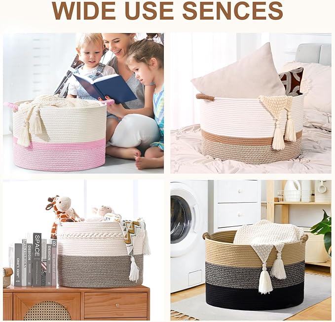 67L Large Blanket Basket, 20"x13" Woven Storage Baskets With Handle, Cotton Rope Blanket Basket Living Room, Baby Laundry hamper for Blanket, Nursery, Toy, Pillow (White & Oatmeal)