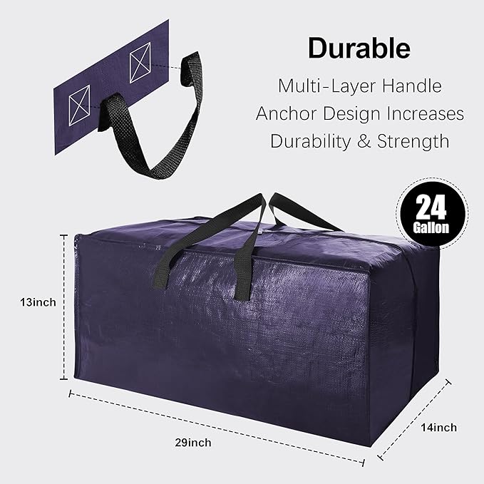 VELVETSURE Heavy Duty Extra Large Moving Bags W/Backpack Straps - Strong Handles & Zippers, Storage Totes For Space Saving, Fold Flat, Alternative to Moving Box and Storage Bin (Set of 6, Blue)