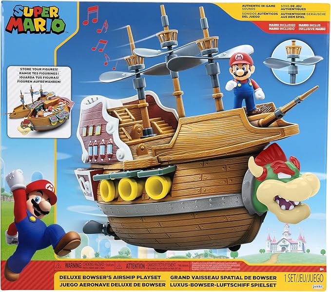 Super Mario Deluxe Bowser's Air Ship Playset with Mario Action Figure – Authentic in-Game Sounds & Spinning Propellers