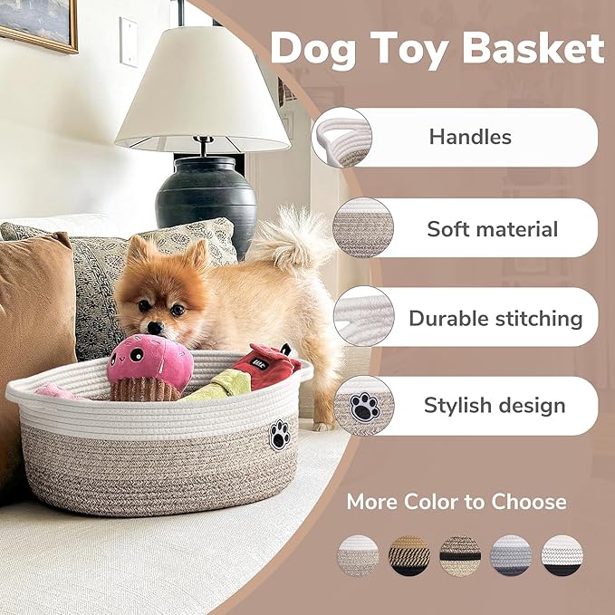 Dog Basket Gift Basket Empty, 13.6"x 10" x 6" Woven Storage Baskets for Organizing, Cotton Rope Baskets for Shelf, Dog Storage Bins with Handles, Mixed-Brown