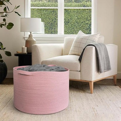 MEGASKET 115L Oversized Pink Basket, 23.6"x15.7" Woven Cotton Rope Bin with Handles, XXXL Blanket Storage for Living Room, Kids Toy Storage Bin Box, Baby Laundry Basket for Organizing, Pink Room Decor