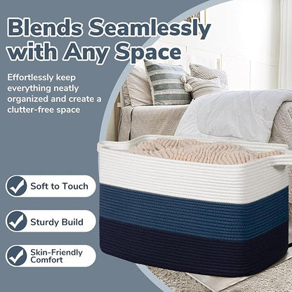 Goodpick 105L Extra Large Woven Basket 25" x 16" x 16" Cotton Rope Storage Baskets for Organizing, Rectangle Blanket Basket Living Room, Toy Storage Baskets for Kids, Blue