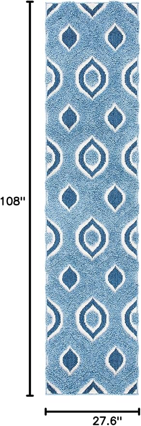 SAFAVIEH Florida Shag Collection Runner Rug - 2'3" x 9', Blue & Ivory, Modern Ogee Design, Non-Shedding & Easy Care, 1.2-inch Thick Ideal for High Traffic Areas in Living Room, Bedroom (SG461-6012)