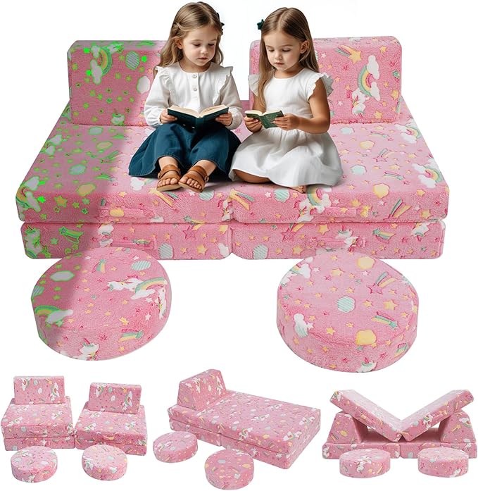 MeMoreCool Modular Pink Unicorn Glow-in-The-Dark Kids Play Couch, 8-Piece Convertible Toddler Sofa for Playroom