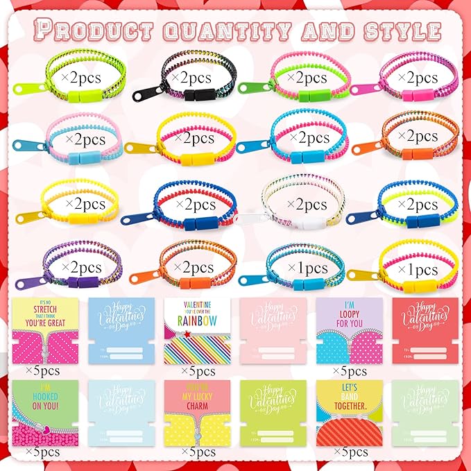 OuMuaMua Valentines Gift for Kids Classroom - 30 Pack Valentines Exchange Cards with Zipper Bracelets for School Class Exchange Gifts, Toddlers Girls Boys Valentines Gifts