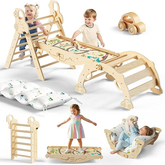 Pikler Triangle Climbing Set with Cushion, Foldable Climbing Toys Indoor, Montessori Toddler Gym, 10-in-1 Climber & Playground, Gift for Christmas, Birthday, New Year (Woodland Cabin)