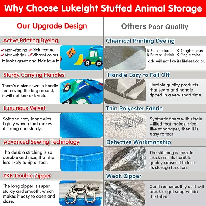 Lukeight Stuffed Animal Storage Bean Bag Chair Cover for Kids, Construction Zipper Beanbag Chair Cover for Organizing Toddler and Kids' Rooms Plush Toys (Construction Velvet, Large)