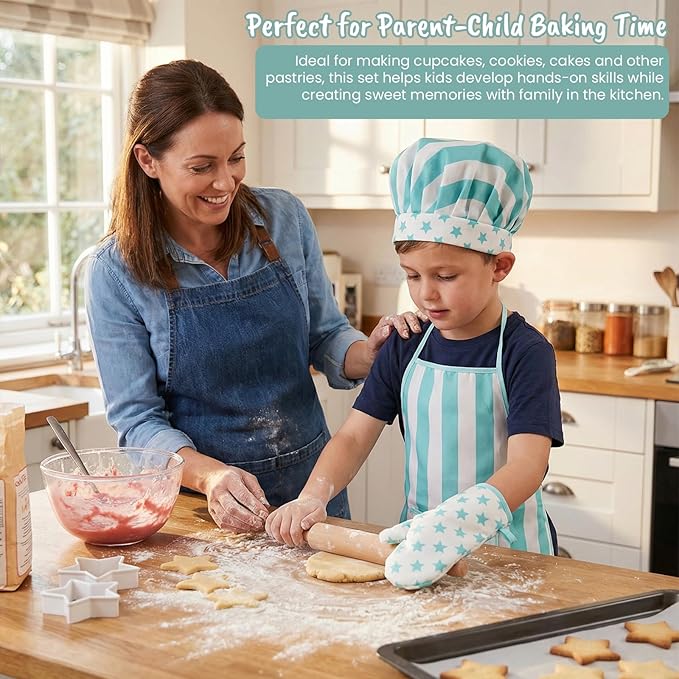 Kid Apron and Chef Hat Set, 3 Pcs Children Cooking Baking Set Kits Role Play Chef Toy Kid Cooking Gift for Girls Boys (Blue)