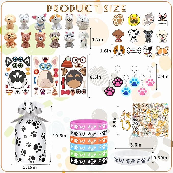 122Pcs Dog Party Favors Gift Set for Kids Dog Birthday Party Supplies Include 12 Dog DIY Face Stickers 12 Dog Bags 12 Keychains 12 Bracelets 50 Stickers for Puppy Party Favors