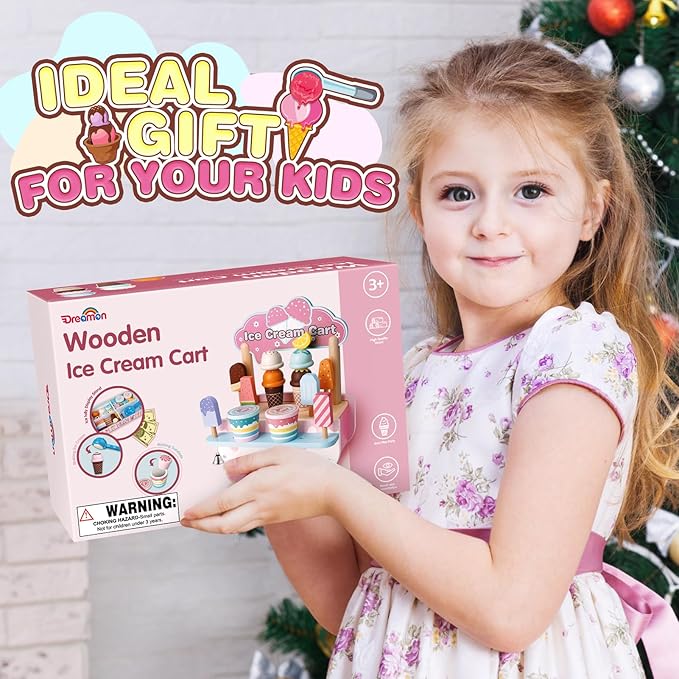 Dreamon Wooden Ice Cream Toys for Kids Toddlers, 48 PCS Ice Cream Cart Play Kitchen Accessories with Menu, Pretend Money, Wooden Ice Cream Shop Play Food Sets for 3 4 5 6 Year Old Girls Boys Gifts