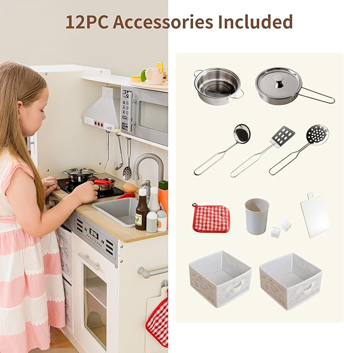Play Kitchen Pretend Wooden Kids Kitchen Playset Toy Kitchen with Real Sound & Light and Toy Storage System and 12 Pcs Toddler Kitchen Accessories, for Boys and Girls Ages 3+,White Grey