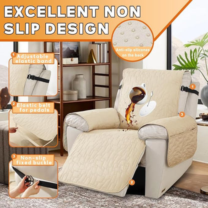 XINEAGE 100% Waterproof Recliner Chair Covers with Elastic Straps, Nonslip Reclining Couch Covers Washable Recliner Couch Cover with Pockets Furniture Protector for Pets Dogs (Beige, 25")