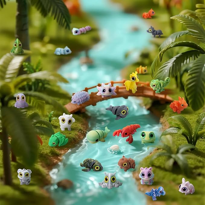 25PC Mini 3D Printed Animals Set with Shining Eyes - Articulated Desk Pets Collection, Mini Animals Figures for Classroom Rewards Bulk, Pocket Pets Fidget Toys Gift