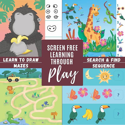 Kids Small Size Travel Educational Activity Book with Washable Markers (7"x7") - Car and Airplane Activities, Learning Toys for Toddlers - Search and Find, Reusable Stickers for Ages 4, 5, 6 (Jungle)