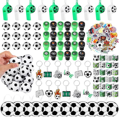 Aoriher 158 Pcs Soccer Party Favors Set Bulk Sport Non Woven Gift Bags Slap Bracelets Mini Bouncy Balls Toy Whistle Keychains Sticker Stampers for Sport Party Supplies(Soccer)