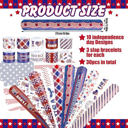 60 Pcs 4th of July Slap Bracelets and Silicone Wristband for Kids American Patriotic Party Favors Supplies Independence Day Decorations Accessories Red White Blue