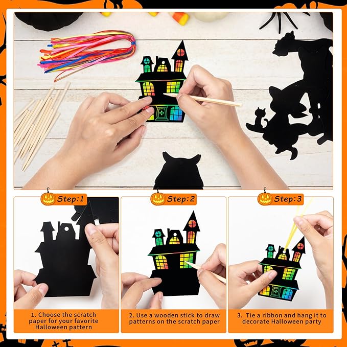 Halloween Scratch Paper Art Set - 48 Pcs Halloween 12 Design Magic Rainbow Scratch Off Cards for Kids, Hanging Ornaments for Halloween Party Favors Activities