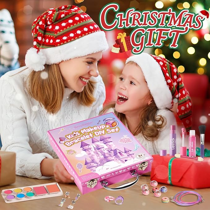 Kids Makeup & Jewelry Kit for Girls - Washable Real Cosmetics Set with Bracelet-Making for Children Toddler, Princess Dress-Up Toy, Ideal Winter Birthday Gift for 4-12 Year Olds (Pink)