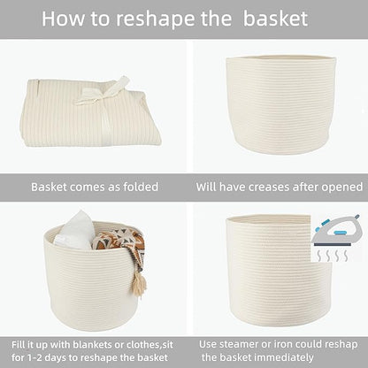 XUANGUO Cotton Rope Basket For Girls Boys Kids 16”X14” Baby Laundry Baskets Nursery Bin Round Woven Basket Organizer For Storage Toys Blankets Shoes Clothes white