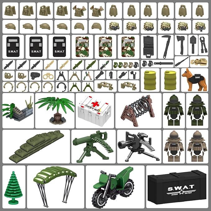 200+ Pcs Military Weapon Pack Accessories Toys Kits,STEM Military Soldier Style Weapon Sets,Swat Team Building Block Toys,Army Equipment Gear Sets,Christmas Birthday Gift for Boys,Teens,Adults