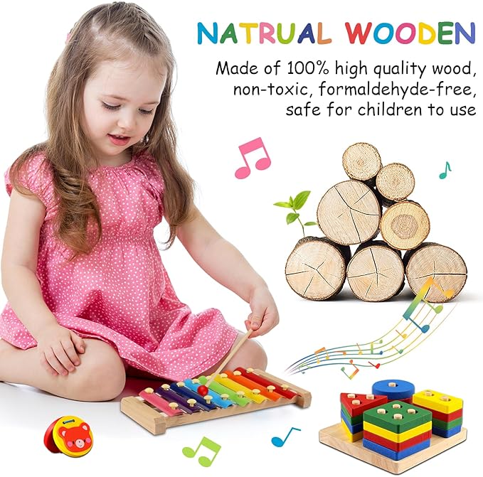 Toddler Musical Instruments for Kids,Baby Musical Toys Preschool Educational Wooden Percussion Instruments Toddler Toys with Bag for Boys and Girls