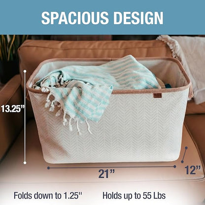 CleverMade Collapsible Laundry Basket LUXE 2 Pack – 60 L (16 Gal) Foldable Cotton Blend Clothes Hamper with Vegan Leather Accents, Reinforced Handles, Space Saving Laundry Bin Holds 55 lbs - Cream