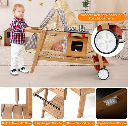 HONEY JOY Mud Kitchen with Umbrella, Wooden Rolling Mud Table Cart, Toddler Outdoor Kitchen Playset, Sink, Faucet, Planting Pots, Utensils, Storage Cabinet, Mud Kitchen for Kids Outdoor with Wheels