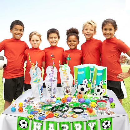 166 Pcs Soccer Party Favors for 12 People Party Supplies with Cup Straw Stress Ball Keychain Sticker Silicone Wristbands Whistle Goodie Bags for Kids Birthday Decorations Gifts