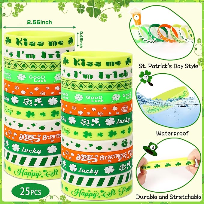 JUNEBRUSHS 50Pcs St Patricks Day Party Favors Slap Bracelets Rubber Bracelets, Assorted Silicone Wristbands Snap Bracelets for Kids St Patricks Day Classroom Gifts St Patricks Day Goodie Bag Stuffers