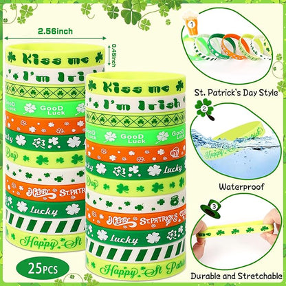 JUNEBRUSHS 50Pcs St Patricks Day Party Favors Slap Bracelets Rubber Bracelets, Assorted Silicone Wristbands Snap Bracelets for Kids St Patricks Day Classroom Gifts St Patricks Day Goodie Bag Stuffers