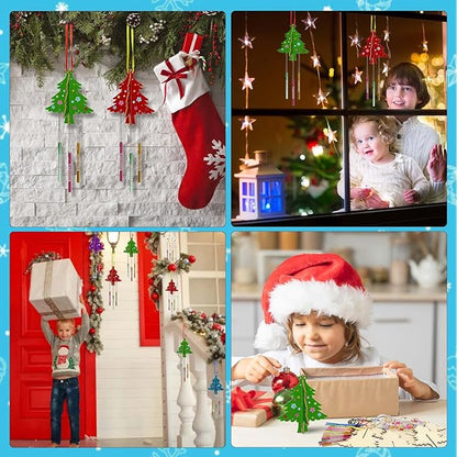 6 Pack Wind Chime Kit for Kids,Christmas Craft Kits DIY 3D Christmas Tree Wind Chime Unfinished Wooden Xmas Tree Ornaments for Boys Girls Activity Art Project Decor