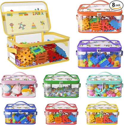8 Packs Large Toy Storage Bags with Labels, Reusable Clear PVC Board Game Storage, Travel Waterproof Toy Organizer Bags with Name Tag and Manual Pocket for Building (L, XL, XXL)