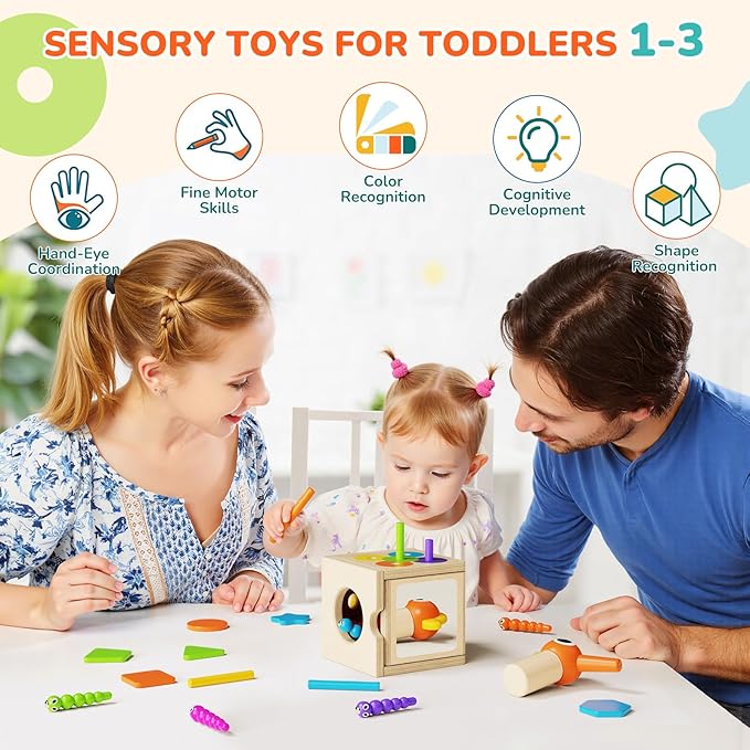 Montessori Toys for 1-3 Year Old – 5-in-1 Wooden Activity Cube with Magnetic Bird Feeding Game, Woodpecker Toy, Busy Toy for Fine Motor Skills, Shape Sorter & Color Matching, Toddler Gift 18M+