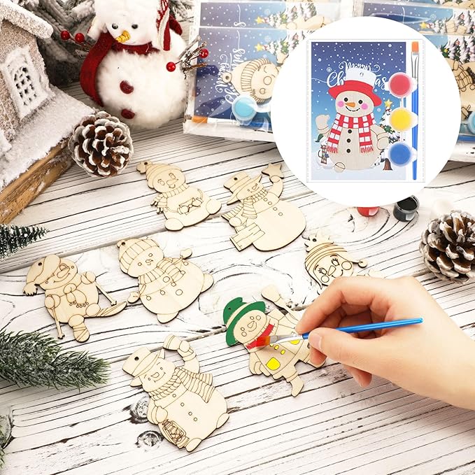 24 Pcs Winter Snowman Party Favors Wooden Painting Craft Kits Birthday Party Supplies with Organza Bag for Goodie Bags Fillers Adult Thank You Gifts