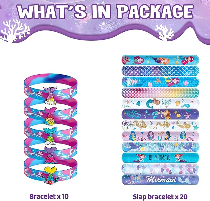 Mermaid Party Favors 30 Pcs Silicone Wristband Slap Bracelets Goody Bag Favors for Boys Girls Mermaid Birthday Party Under The Sea Themed Baby Shower Supplies