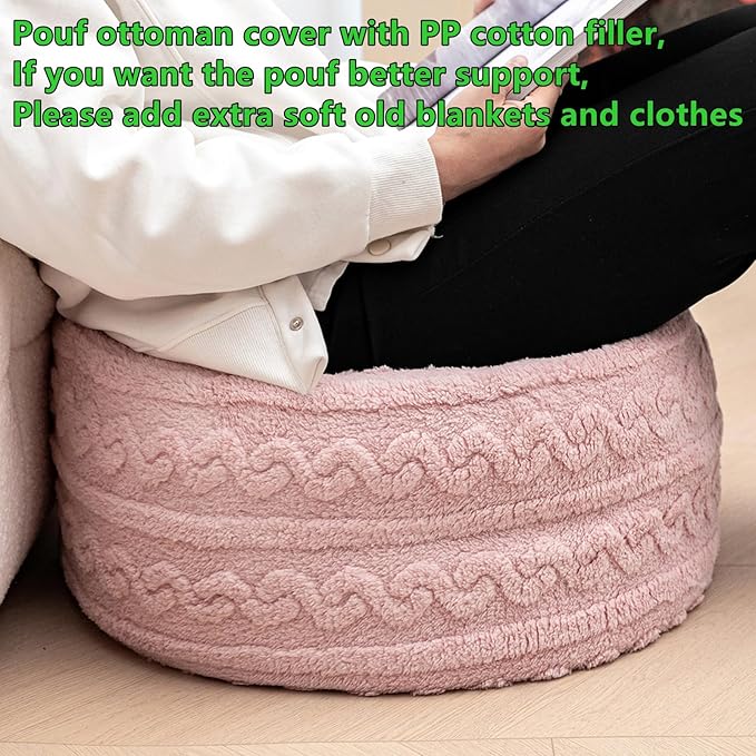 Pouf Ottoman Stuffed 20x20x12 Inches Floor Pouf Plush Fiber Ottoman Foot Rest Under Desk Foot Stool for Living Room Bedroom (Pink Pouf with Filler)