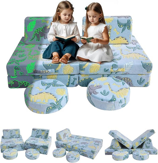 MeMoreCool Modular Glow Sofa for Kids, 8-Piece Convertible Foam Couch Play Set with Glowing Dinosaur Design for Toddlers and Playroom