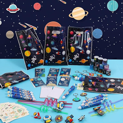 LiYiQ 87 Pcs Space Party Favors with Space Spiral Notebooks 10 in 1 Pen Reusable Straws Slap Bracelets Keychains Space Temporary Tattoo Stickers and Gift Bags for Kids Space Birthday Party Supplies